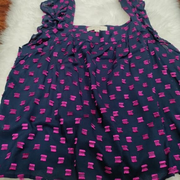 LOFT Navy Blue/Pink Clip Ruffle Square Neck Ruffle Sleeve Festival Top Size L - Picture 5 of 12